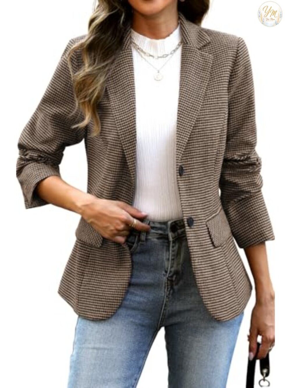 Women's Business Casual Plaid Blazer Office Suit Jacket Long Sleeve Polyester